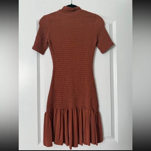 A.L.C. Aston Brown Rust Smocked Mini Dress with Ruffle Hem - Picture 4 of 5